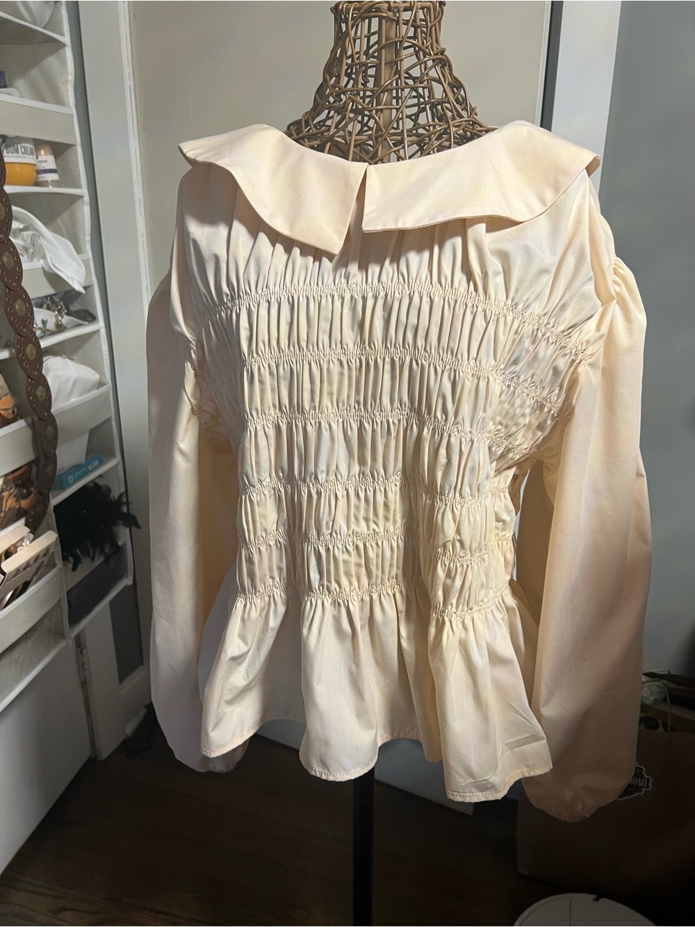 SHEIN Cream Smocked Peplum Long Sleeve Blouse